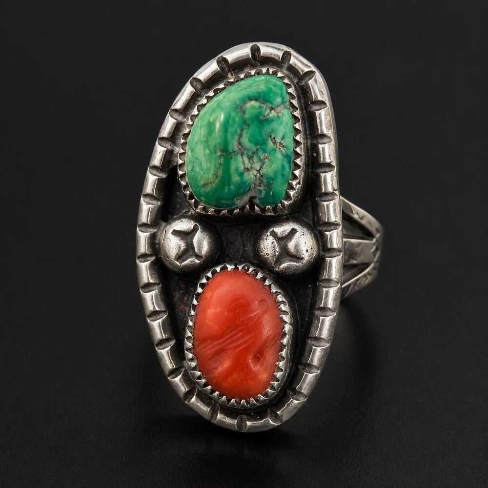 LS Benally Navajo Sterling Silver Signed Native American Turquoise Coral Ring